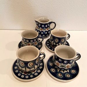 Authentic Boleslawiec Polish pottery 4 Espresso cups, saucers with mini creamer